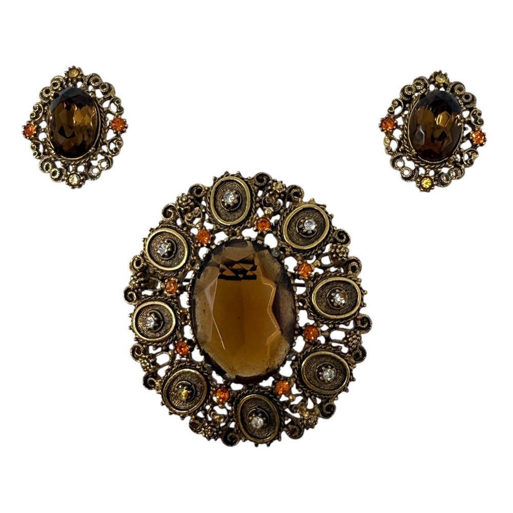 1960s FLORENZA Brooch Earrings Demi Parure Amber Topaz Glass Rhinestone